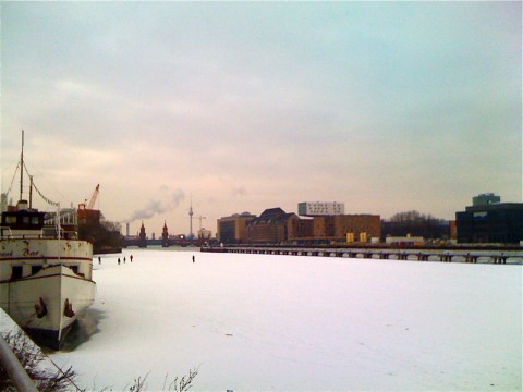 Frozen Spree, Berlin w/ Oberbaumbrücke and TV-tower